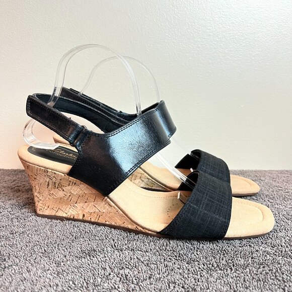 Clarks Womens Kyarra Faye‎ Black Leather Cork Wedges Sandals Shoes 12M New - Picture 2 of 14
